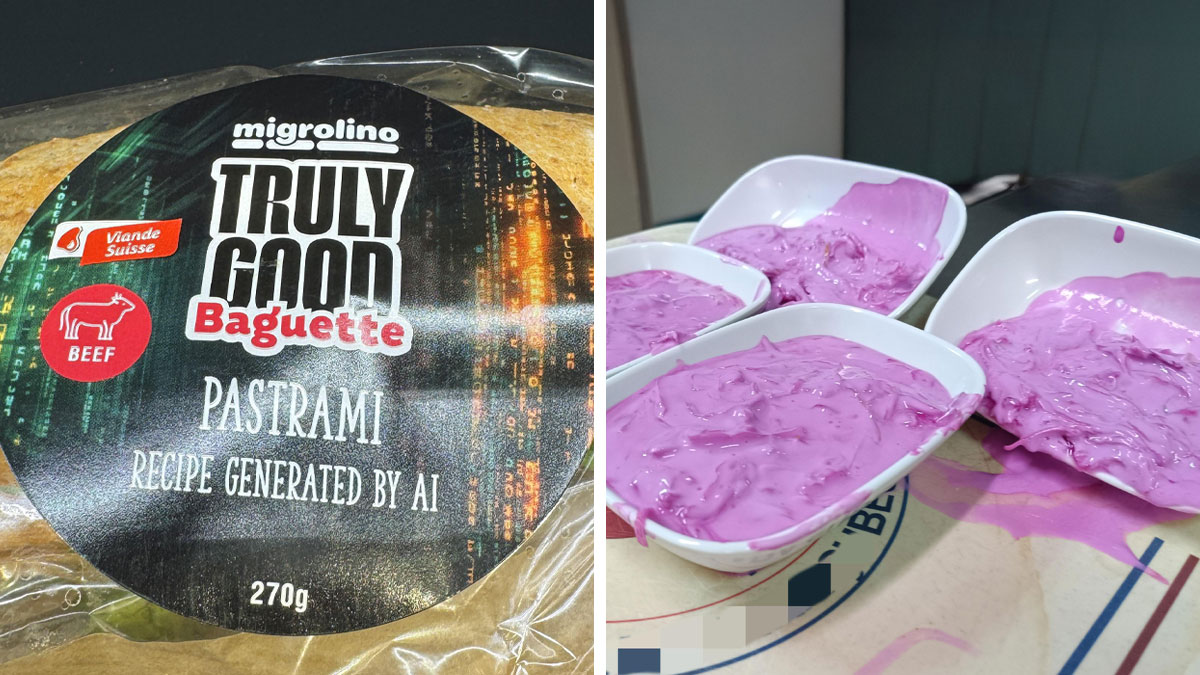 Stupid dishes including AI-generated pastrami baguette and bowls of spilled purple food on a table.