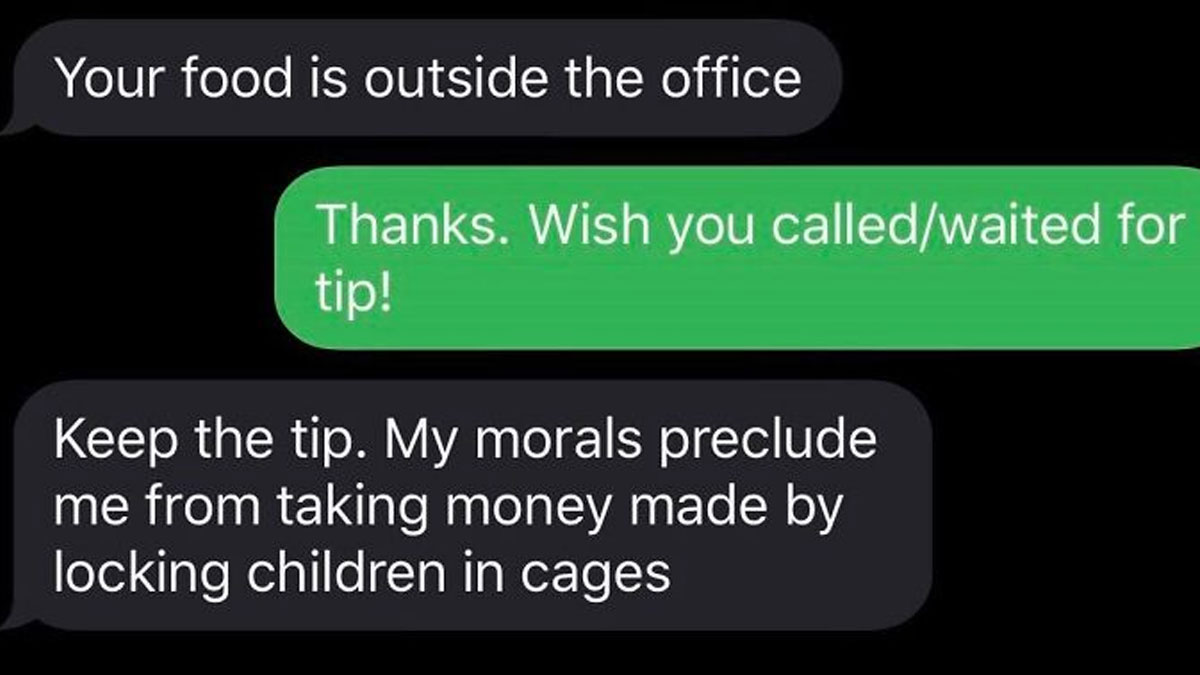Text messages from a delivery driver refusing a tip due to moral reasons, showcasing delivery driver texts that might make you laugh.