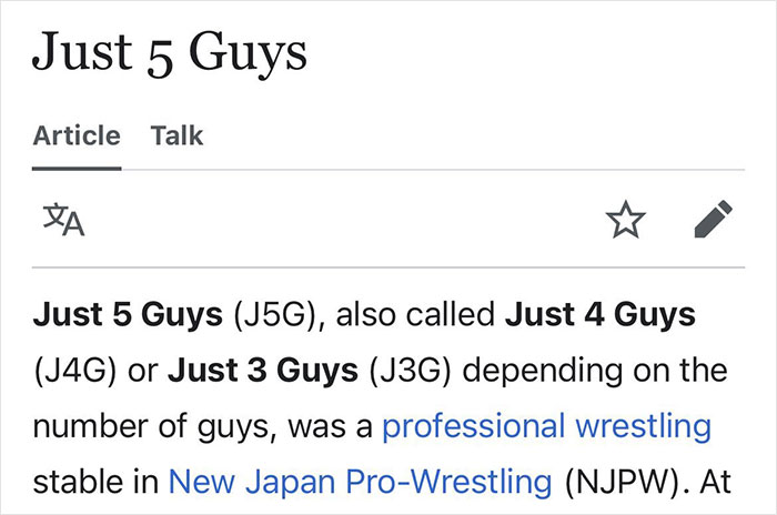 Screenshot of a funny Wikipedia entry titled Just 5 Guys, a professional wrestling group in New Japan Pro-Wrestling.