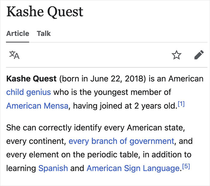 Wikipedia entry showing a child genius who joined American Mensa at 2 years old, a funny gem found on Wikipedia.