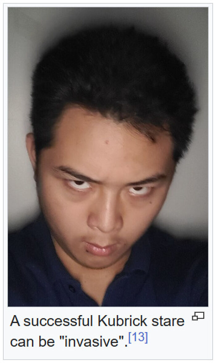 Man giving an intense Kubrick stare, funny Wikipedia moment found and shared as a gem on the site.