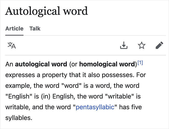 Screenshot of a Wikipedia article explaining an autological word, a funny gem found on Wikipedia worth sharing.