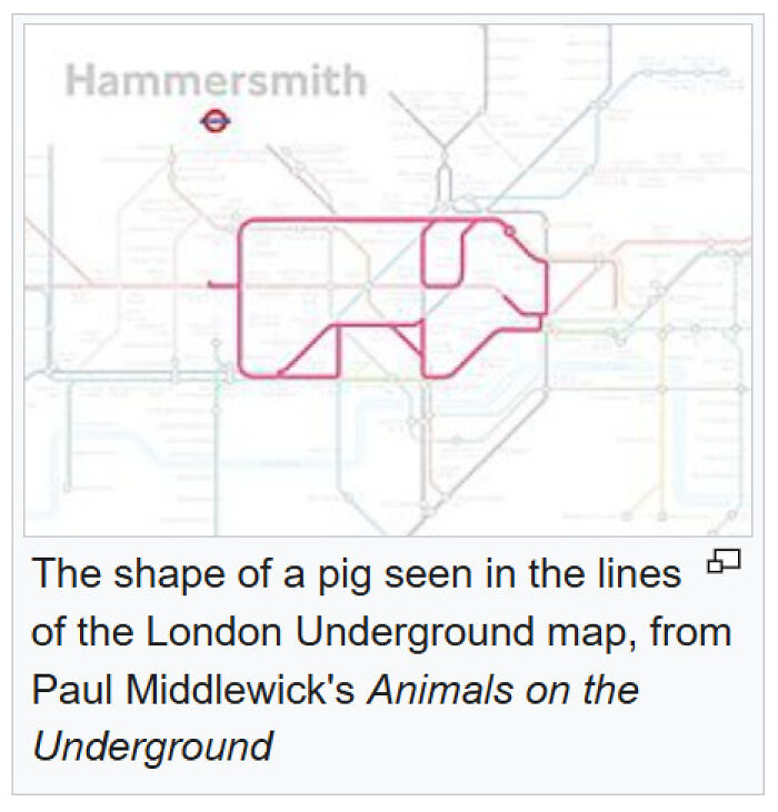 Pig shape formed by London Underground lines, a funny gem found on Wikipedia's quirky map illustrations.