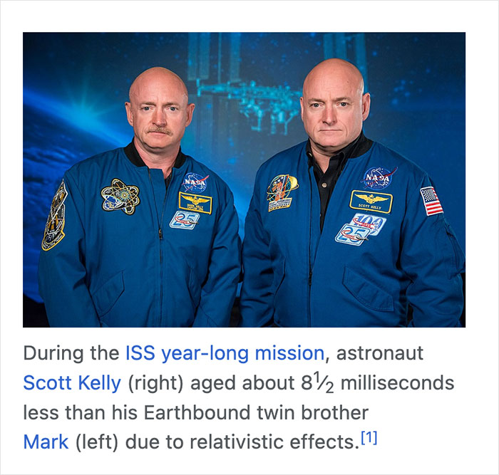 Astronaut twins Scott and Mark Kelly pictured in NASA flight suits illustrating a funny Wikipedia gem about time dilation.