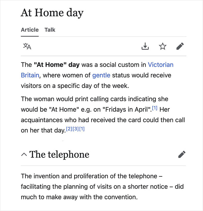 Screenshot of a Wikipedia article showing a funny historical social custom, part of gems found on Wikipedia.