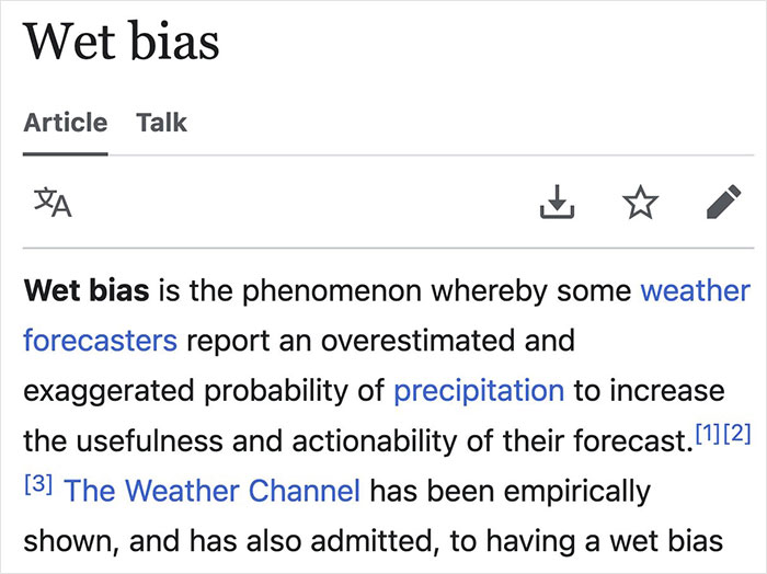 Screenshot of a Wikipedia article explaining the term wet bias in weather forecasts found on Wikipedia gems.