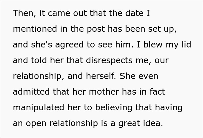 Text excerpt discussing a mom manipulating her daughter about dating and affecting her happy relationship.
