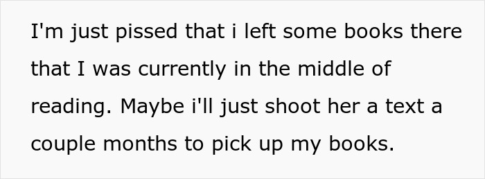 Text message expressing frustration about leaving books behind and planning to ask someone to pick them up later.