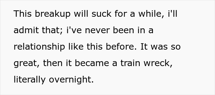 Text excerpt about a relationship breakup described as a train wreck overnight, highlighting an emotional dating story.