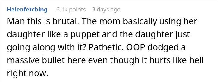 Comment text discussing a mom destroying daughter’s happy relationship after sending her on a date, viewed online.