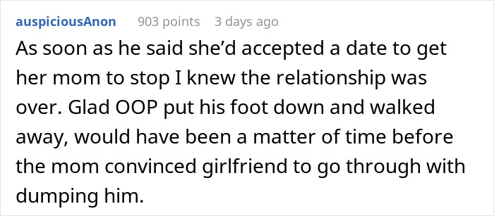 Comment discussing a mom interfering in her daughter’s happy relationship by sending her on a date.