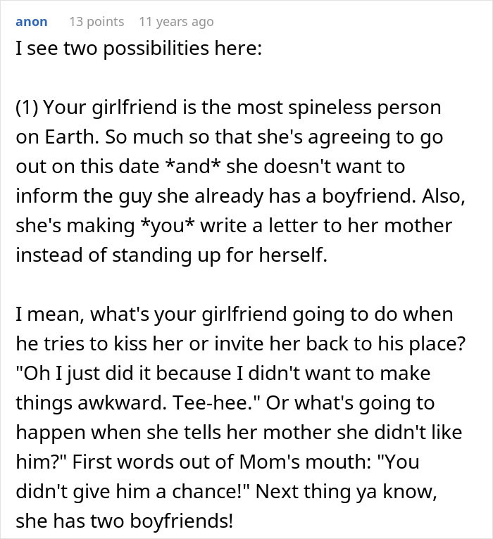 Text excerpt discussing relationship conflicts after a mom sends daughter on a date, highlighting dating and family issues.