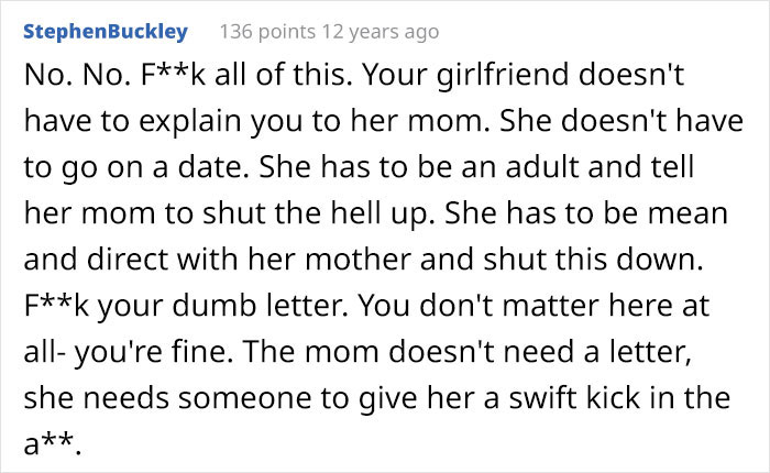 Comment showing strong opinion about a mom interfering and destroying her daughter's happy relationship after sending her on a date.