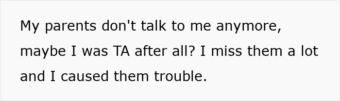 Text on white background expressing regret about parents no longer talking, hinting at family conflict over career opportunity and sibling rivalry. Text on white background expressing regret about parents no longer talking, hinting at family conflict over career opportunity and sibling rivalry.