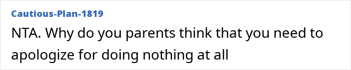 Comment on forum post responding to parents demanding woman give up career opportunity for spoiled golden-child sister, labeled NTA. Comment on forum post responding to parents demanding woman give up career opportunity for spoiled golden-child sister, labeled NTA.