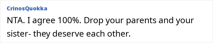 Screenshot of an online comment where a user advises dropping parents and spoiled golden-child sister in a family conflict. Screenshot of an online comment where a user advises dropping parents and spoiled golden-child sister in a family conflict.
