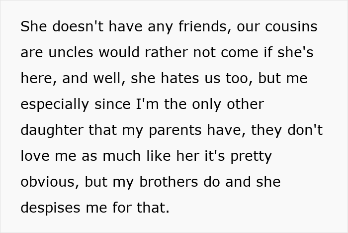 Text excerpt revealing family conflict where parents favor a spoiled sister over another daughter with an amazing career opportunity. Text excerpt revealing family conflict where parents favor a spoiled sister over another daughter with an amazing career opportunity.