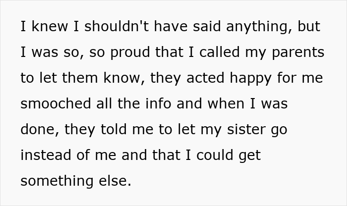 Alt text: Text about parents demanding woman give up amazing career opportunity for spoiled golden-child sister causing family conflict. Alt text: Text about parents demanding woman give up amazing career opportunity for spoiled golden-child sister causing family conflict.