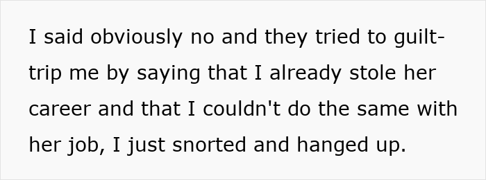 Text excerpt with parents demanding woman give up amazing career opportunity to spoiled golden-child sister. Text excerpt with parents demanding woman give up amazing career opportunity to spoiled golden-child sister.