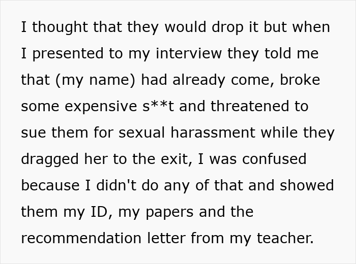 Text excerpt describing confusion during a job interview involving a spoiled golden-child sister and career opportunity conflict. Text excerpt describing confusion during a job interview involving a spoiled golden-child sister and career opportunity conflict.