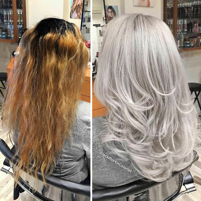Before and after transformation showing going gray hair color by celebrity hair colorist Jack Martin in a salon setting.