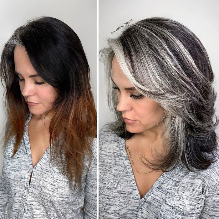 Before and after gray hair transformation by celebrity hair colorist Jack Martin, showcasing stylish silver and dark layered hair.