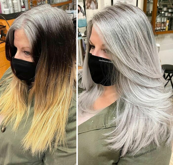 Side-by-side images showing a dramatic gray hair transformation by celebrity hair colorist Jack Martin.