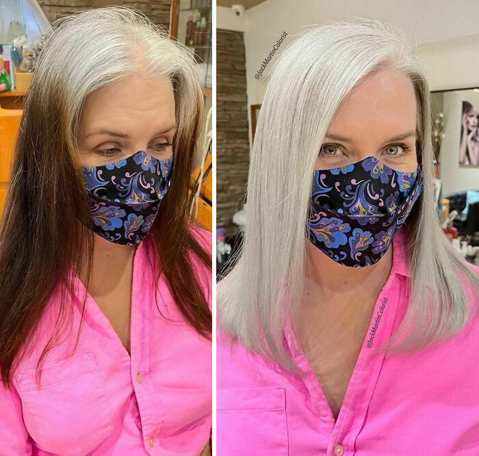 Woman before and after going gray transformation by celebrity hair colorist Jack Martin, wearing a floral mask and pink shirt.