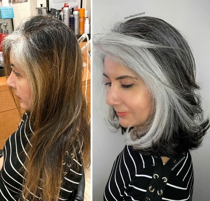 Side-by-side before and after gray hair transformation by celebrity hair colorist Jack Martin on a woman in striped top.