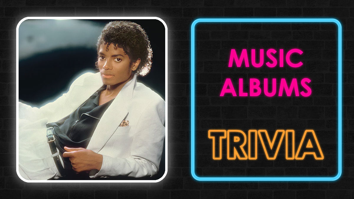 Image of a famous album cover featuring a musician alongside neon text saying music albums trivia quiz.