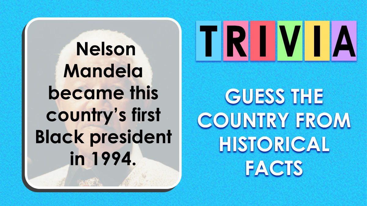 Trivia card showing Nelson Mandela clue, a world history challenge to identify each country from one clue quiz.