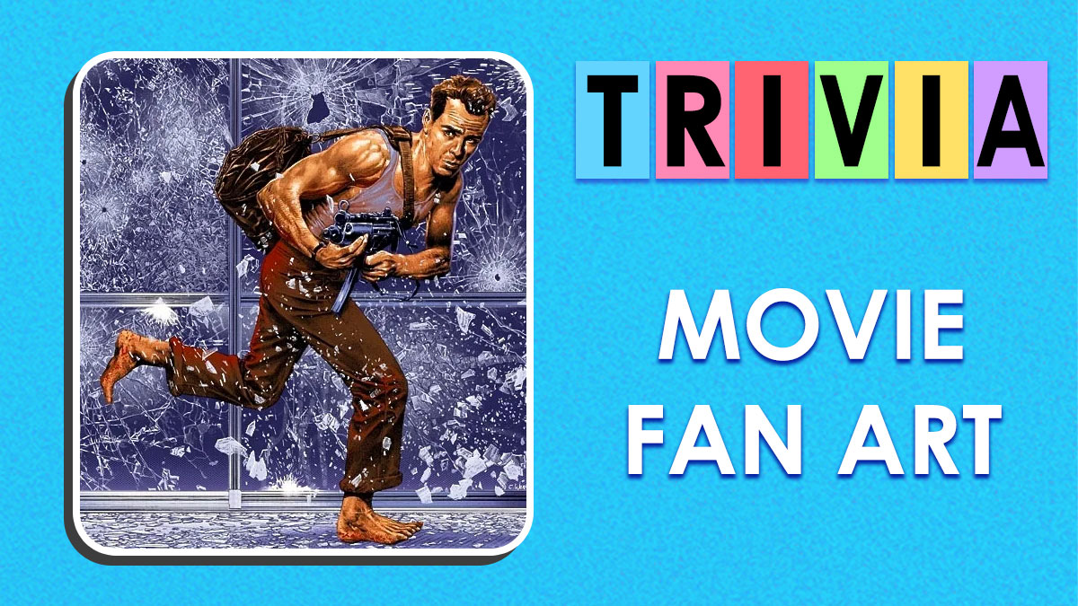 Fan art interpretation of a barefoot man running with a gun against a shattered glass background in movie fan art trivia.