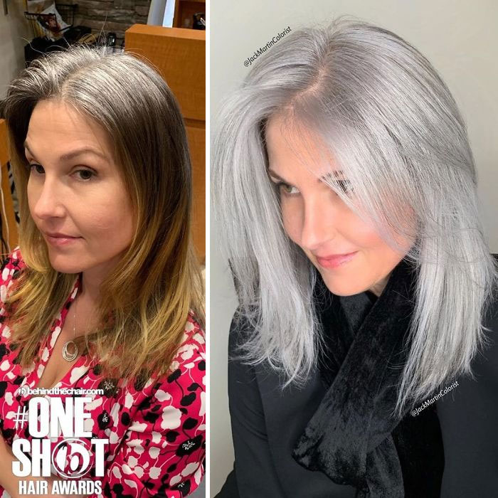 Before and after gray hair transformation by celebrity hair colorist Jack Martin showcasing elegant silver hair color.