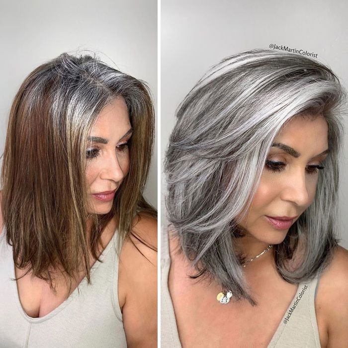 Before and after gray hair transformation by celebrity hair colorist Jack Martin showcasing modern gray hair color techniques.