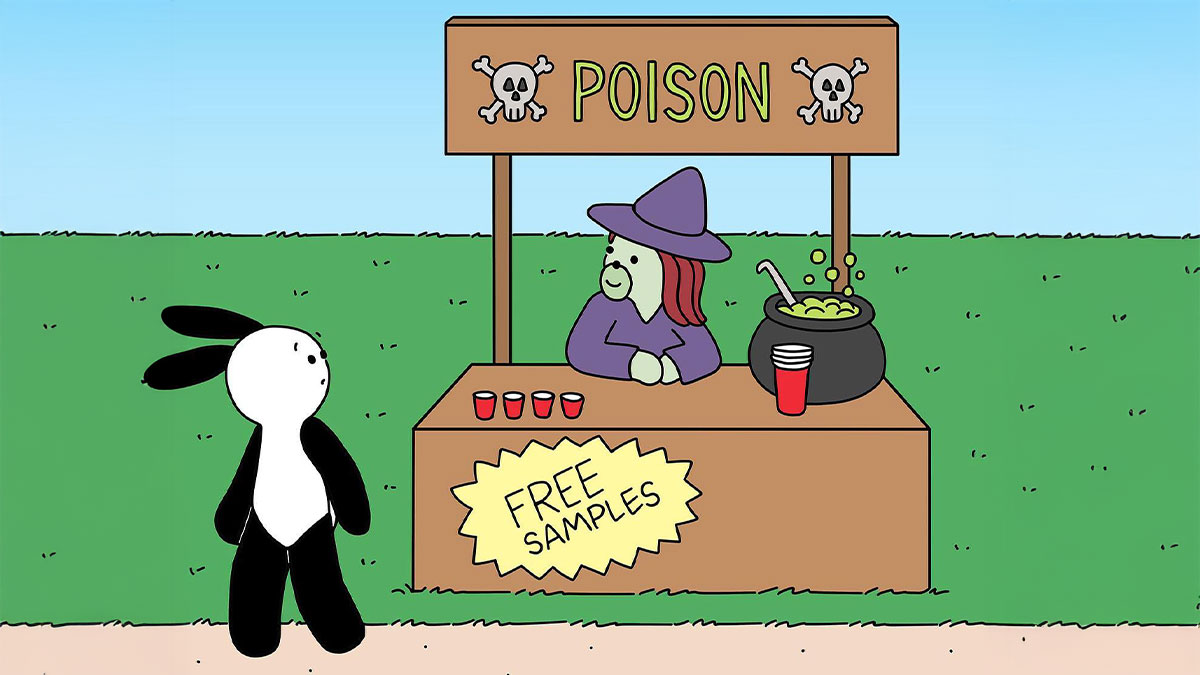 Buni comic with a rabbit character approaching a witch selling poison with free samples outdoors on a green lawn.