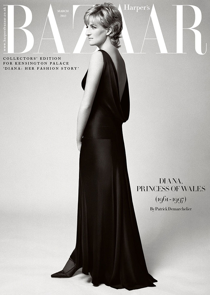 Black and white Harper's Bazaar cover featuring Princess Diana in an elegant black gown, iconic photo recreation discussion. Black and white Harper's Bazaar cover featuring Princess Diana in an elegant black gown, iconic photo recreation discussion.
