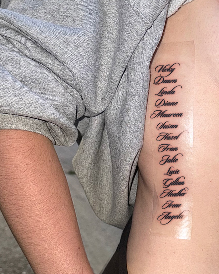 Tattoo of multiple women's names on a person's side sparking debate on feminist tattoo rule and dividing the internet. Tattoo of multiple women's names on a person's side sparking debate on feminist tattoo rule and dividing the internet.