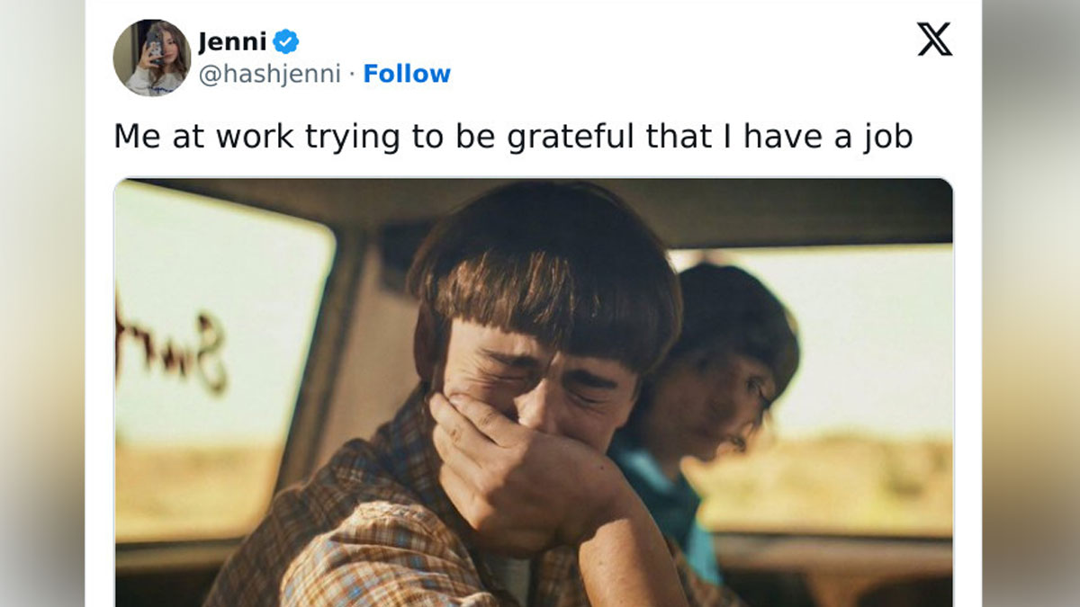 Tweet showing a person struggling emotionally at work, humorously capturing what itu2019s like having a job.