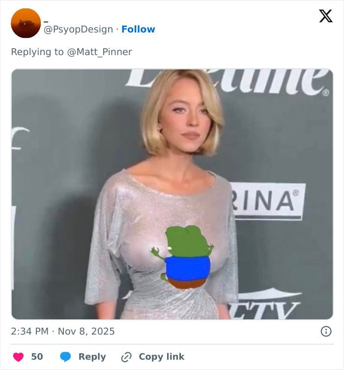 Actress Sydney Sweeney at an event with a cartoon frog meme edited on her silver dress, sparking elevator tweet memes. Actress Sydney Sweeney at an event with a cartoon frog meme edited on her silver dress, sparking elevator tweet memes.