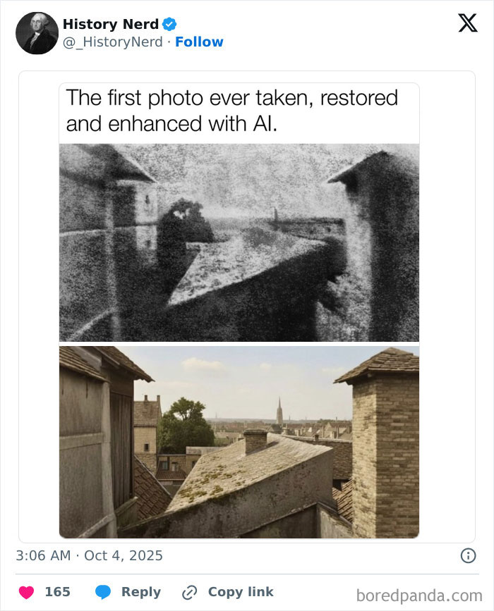 First ever photo taken, restored and enhanced with AI, showing a historic rooftop view with buildings and distant church spire.