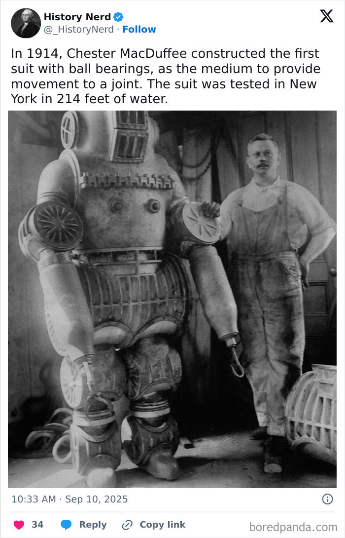 Vintage photo showing Chester MacDuffee with his 1914 suit featuring ball bearings for joint movement in history exploration.