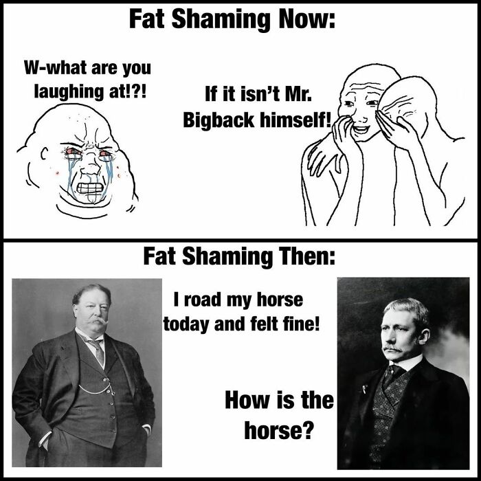 Funny history meme comparing modern and past fat shaming with historical black and white photos and cartoon figures.