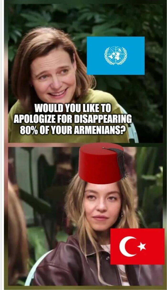 Two-panel history meme featuring a United Nations figure questioning Turkey about the Armenian genocide, highlighting hilarious history memes.