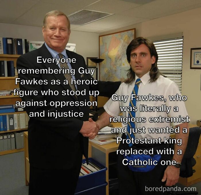 Two men shaking hands in an office setting with a history meme about Guy Fawkes and religious extremism.