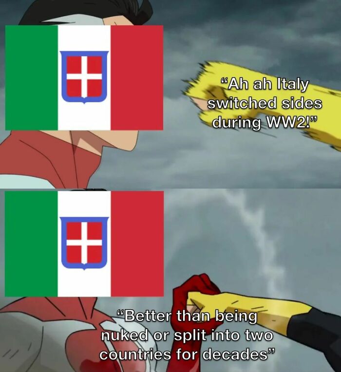 Anime scene meme with Italy WWII flag reacting to comments about switching sides, a funny history meme from the collection.