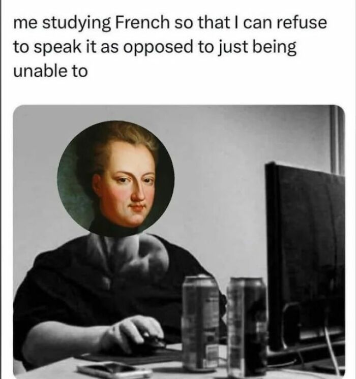 Person with classical painting face studying French at computer, a funny history meme for hilarious history memes SEO.