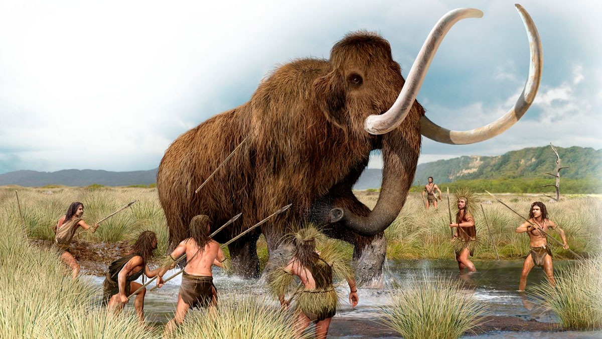 Prehistoric hunters approaching a large woolly mammoth in a marshland, illustrating history memes concept.