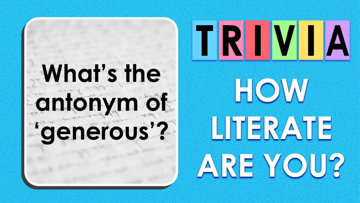 Trivia card asking the antonym of generous, colorful blocks spelling trivia, testing spelling and literacy skills quiz