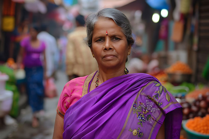 Indian grandmother in purple saree in market demanding DNA test over baby's pale skin appearance. Indian grandmother in purple saree in market demanding DNA test over baby's pale skin appearance.