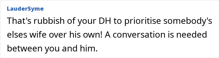 Comment text on a forum discussing a suspicious wife concerned about her husband spending too much time with her friend. Comment text on a forum discussing a suspicious wife concerned about her husband spending too much time with her friend.